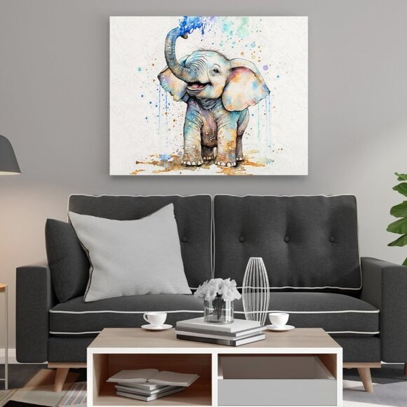 NobleCaptures Other - 16x20 Baby Elephant‎ Watercolor Oil Painting Wall Art Poster